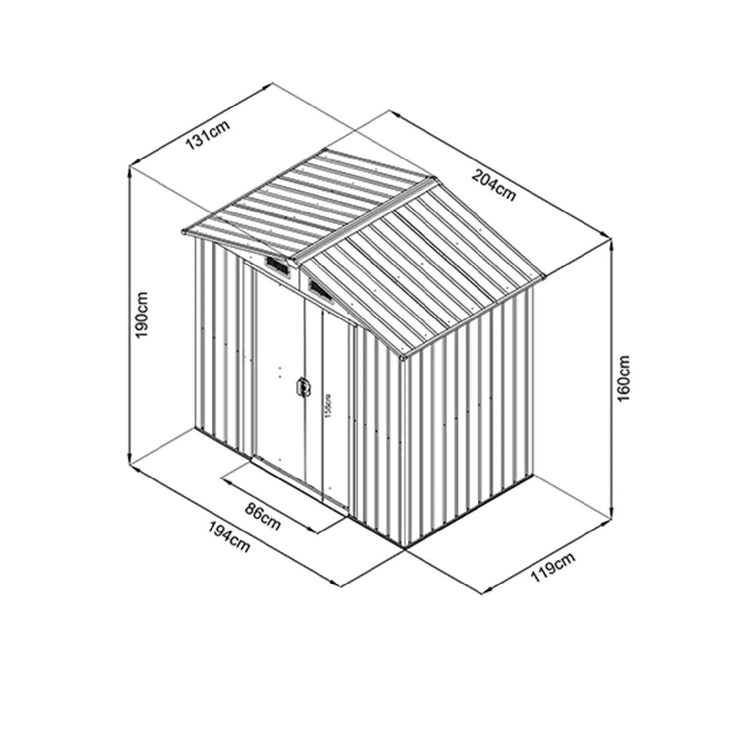 Skizze Home Deluxe Geräteschuppen Bohio L, 204x131x190 cm, Anthrazit, mit Maßangaben.