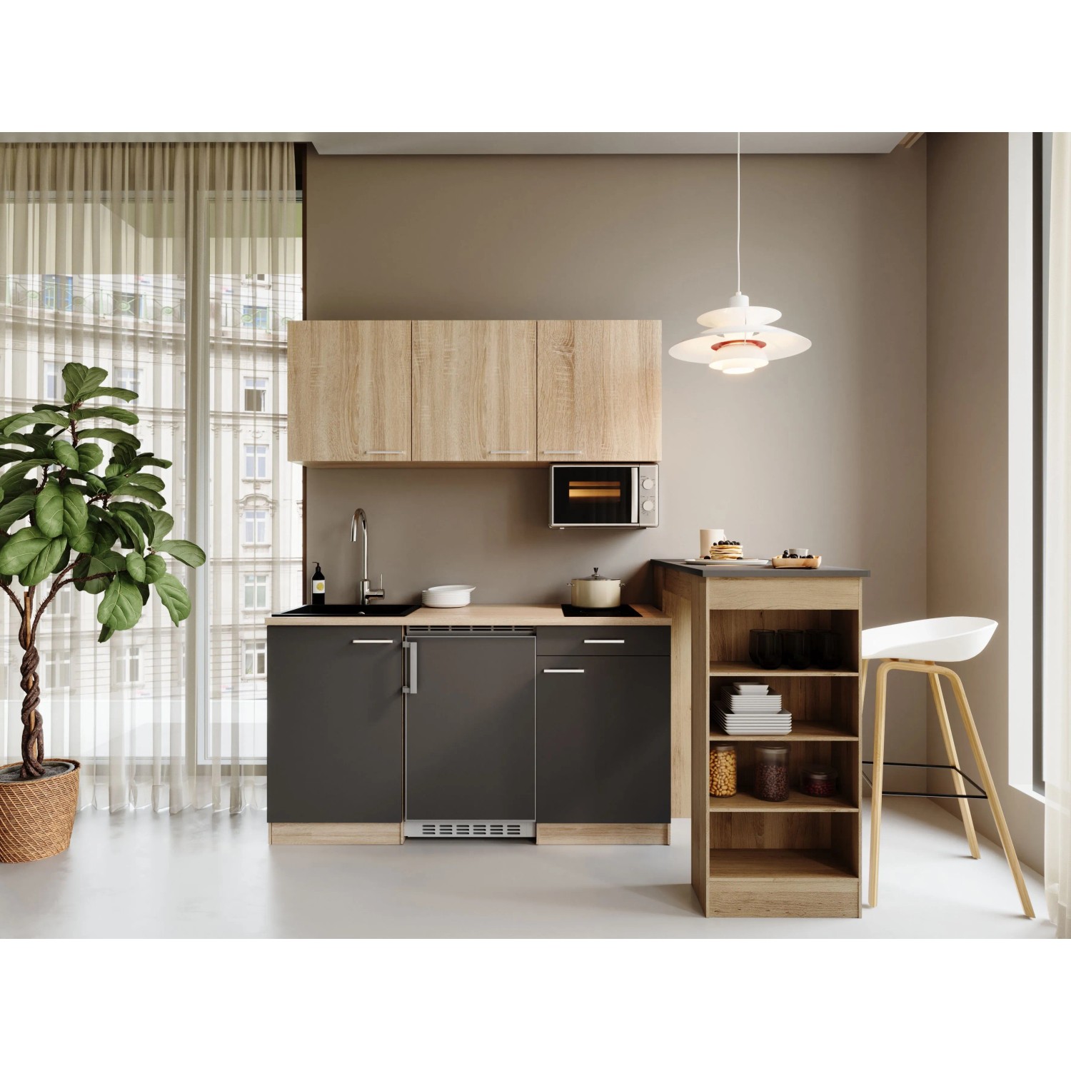 Respekta Ingrid Singleküche 150 cm Grau inkl. Mikrowelle mit Bartisch