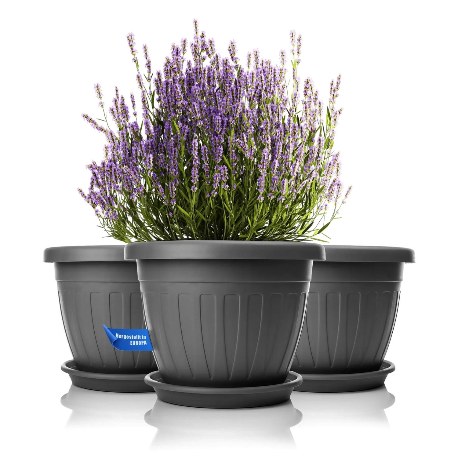 BigDean 3x Blumentopf Mit Untersetzer Rund Durchmesser 40xH31 Cm Anthrazit Wetterfester Pflanzkübel Wasserablauf UV Beständig Aus Bruchsicherem