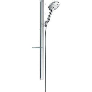 Hansgrohe Raindance Select S Brauseset mit Brausestange und Seifenablage in Chrom.