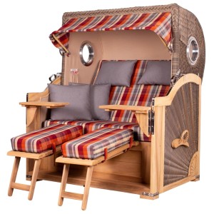 Komplettset: Grauer Strandkorb Königssee aus Teakholz mit Bullauge, Fußstützen, Tischen und Kissen.