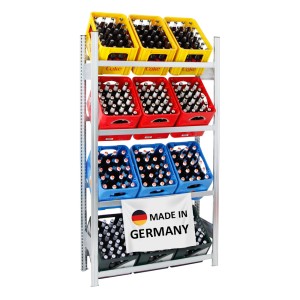Verzinktes PROREGAL Getränkekistenregal Chiemsee mit 12 Kisten auf 4 Ebenen. Made in Germany.
