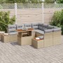 Beiges 9-teiliges Garten-Sofa-Set aus Poly Rattan mit Tisch und Kissen für Terrasse und Garten.