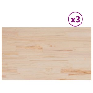 Drei rechteckige Tischplatten aus unbehandeltem Kiefernholz mit sichtbarer Maserung. Ideal für Möbelbauplatten & Regalböden.