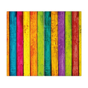 Bunte, 2-teilige Glas Herdabdeckplatte mit Holzlatten Motiv, 30x52 cm, auch als Schneidebrett nutzbar.