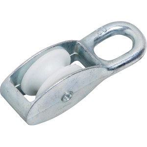 Verzinkte Blockseilrolle 30 mm mit weißer Kunststoffrolle und starrem Haken.