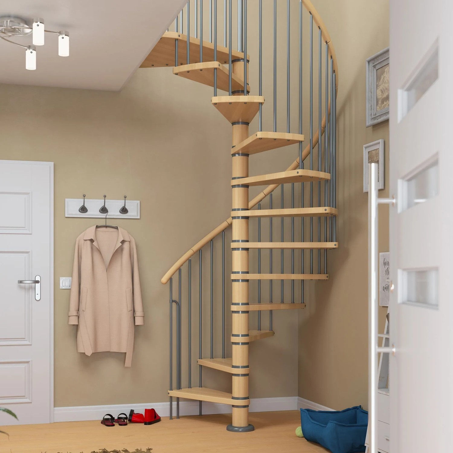 Dolle Spindeltreppe Winnipeg Buche geölt, 14 Stufen, im Wohnraum. Holztreppe mit Metallgeländer.
