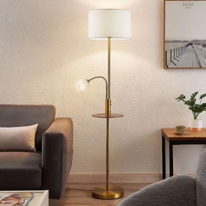 Moderne Lindby Stehlampe Aovan aus Bronze Metall mit weißem Schirm, Leselicht, Ablage und USB-Anschluss für Wohnzimmer.