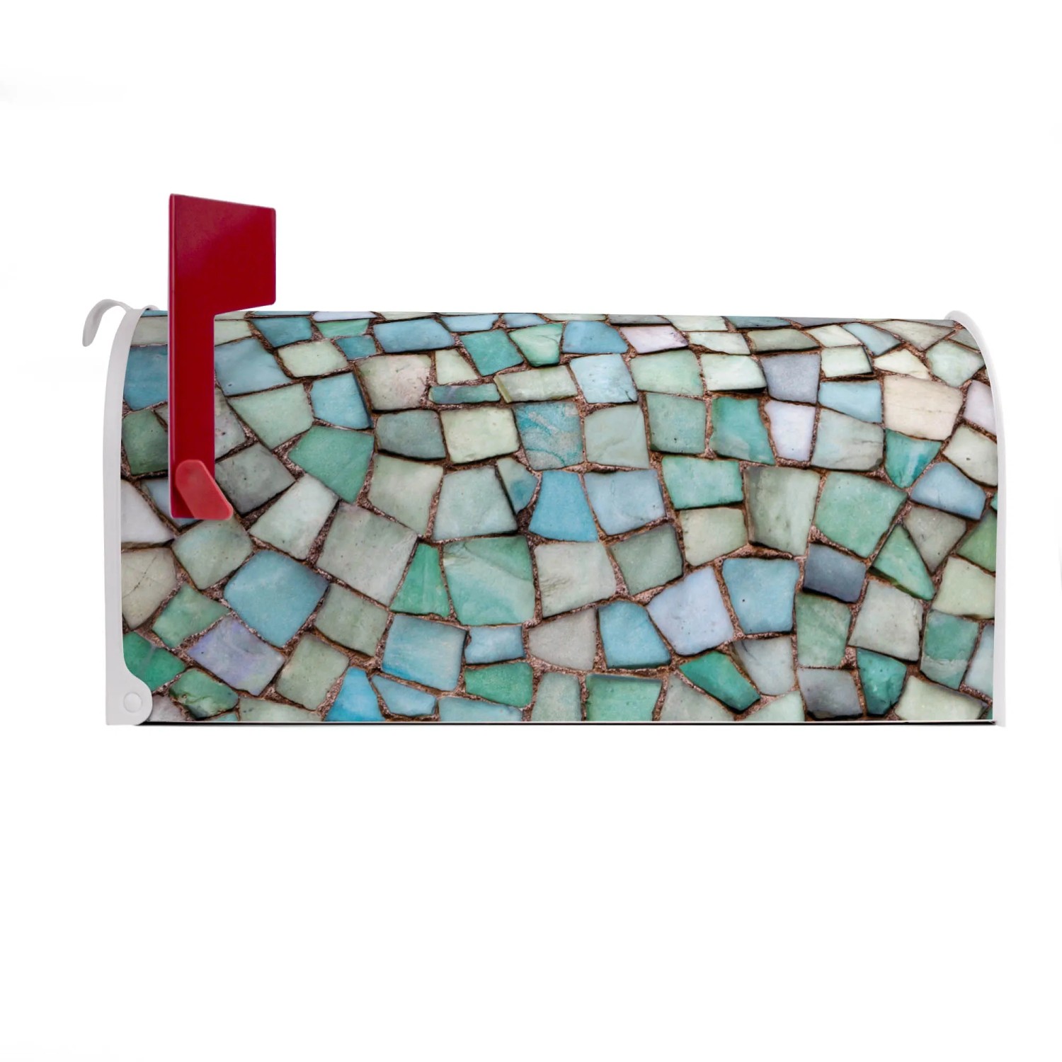Weißer US Briefkasten mit blauem Mosaik Muster und roter Fahne.