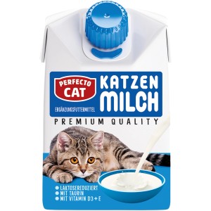Perfecto Cat Katzenmilch, 200ml Packung mit Katzenmotiv, laktosereduziert.
