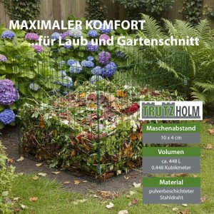 Grüner TRUTZHOLM Gartenkomposter aus Stahldraht mit Laub und Gartenschnitt. Maschenweite 10x4cm.