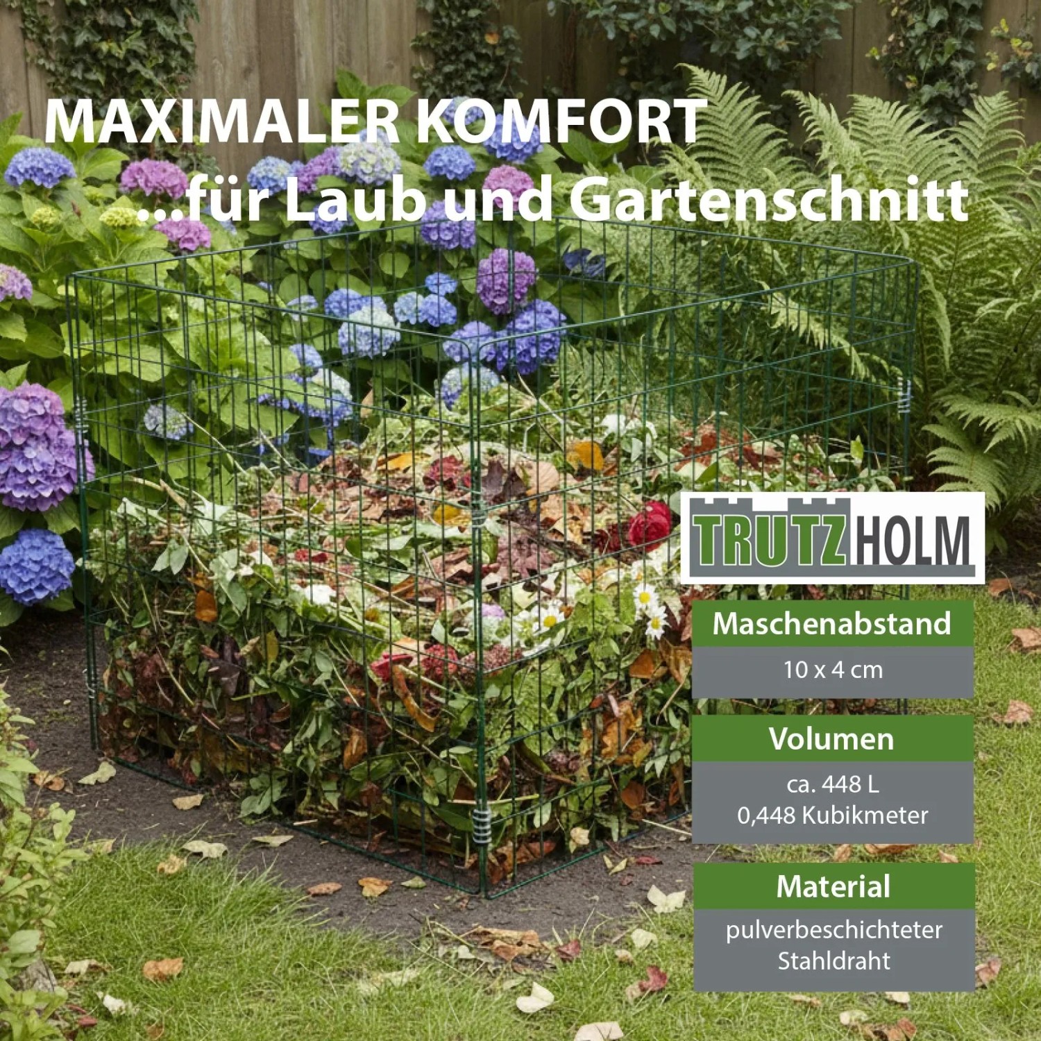 Grüner TRUTZHOLM Gartenkomposter aus Stahldraht mit Laub und Gartenschnitt. Maschenweite 10x4cm.