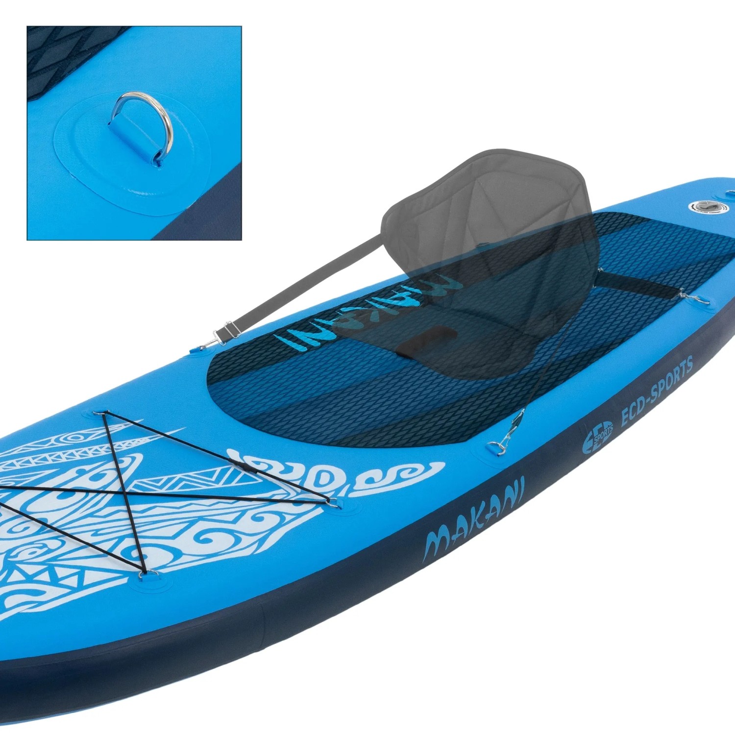 Blaues ECD Germany Stand Up Paddle Board Makani 320 mit Zubehör.