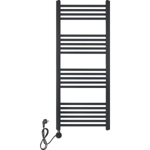 Schwarzer, elektrischer Badheizkörper Wuppertal 2.0, 120x50 cm, mit horizontalen Heizstäben.
