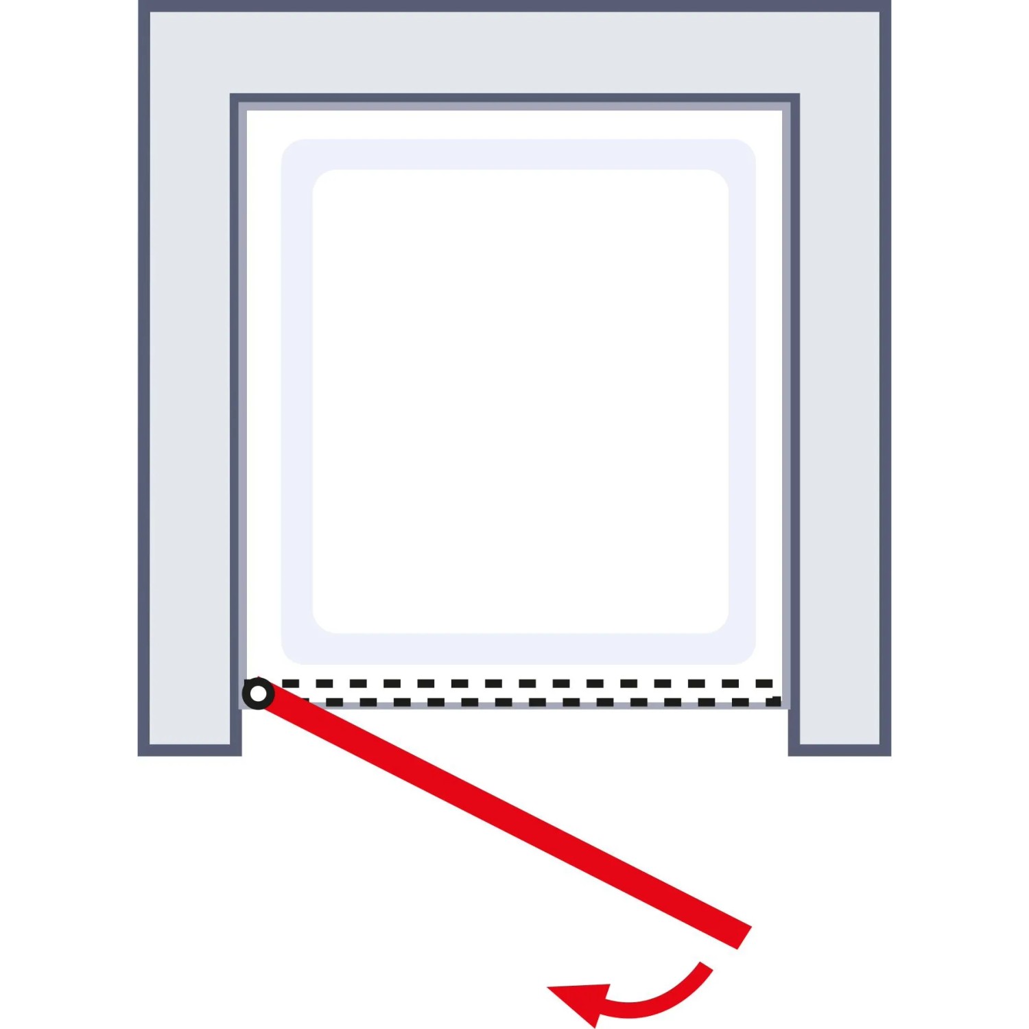 Skizze einer weißen Schulte Drehtür aus Echtglas (90x180cm) für Duschen mit roter Drehbewegung.