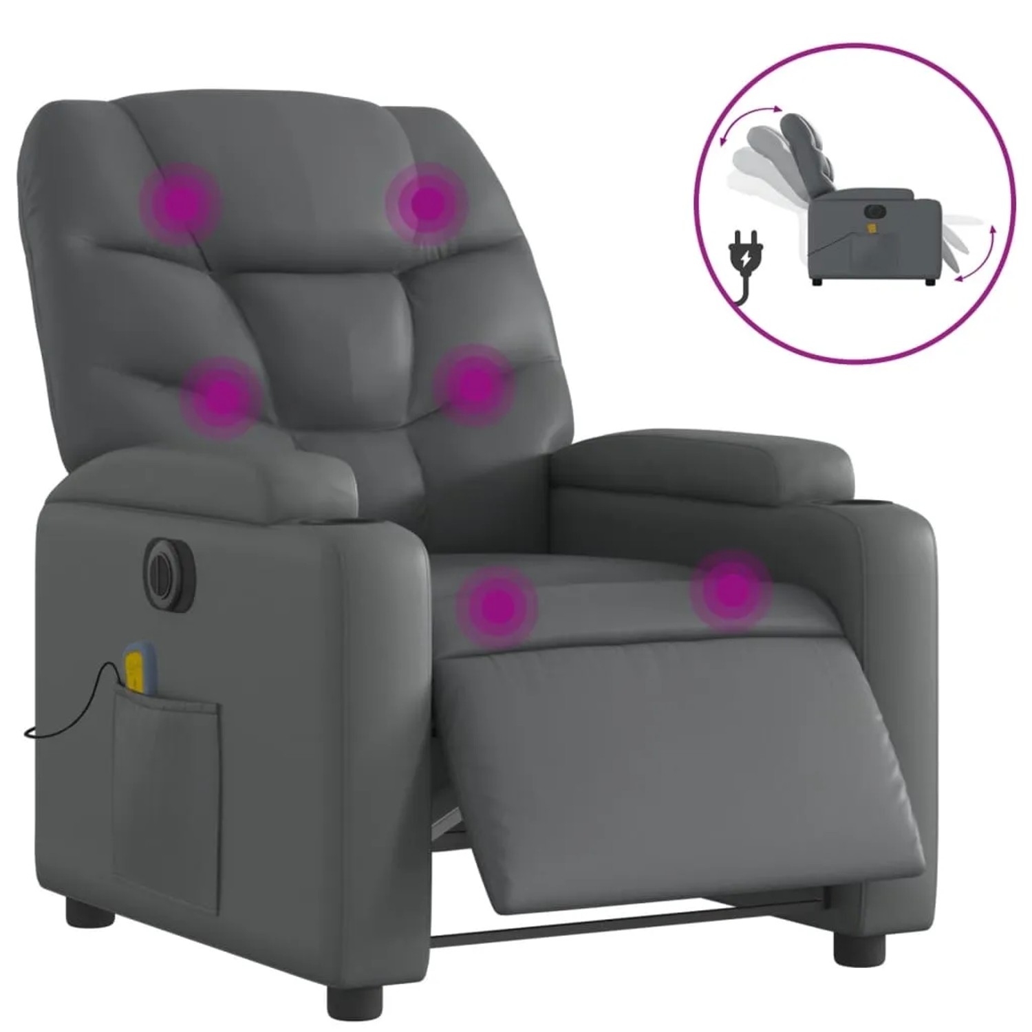 Grauer elektrischer Massagesessel aus Kunstleder mit Vibrationsfunktion und Getränkehalter.