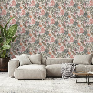 Sanders & Sanders Vliestapete mit tropischen Blättern in Graugrün und Orange für einen botanischen Look im Wohnzimmer.
