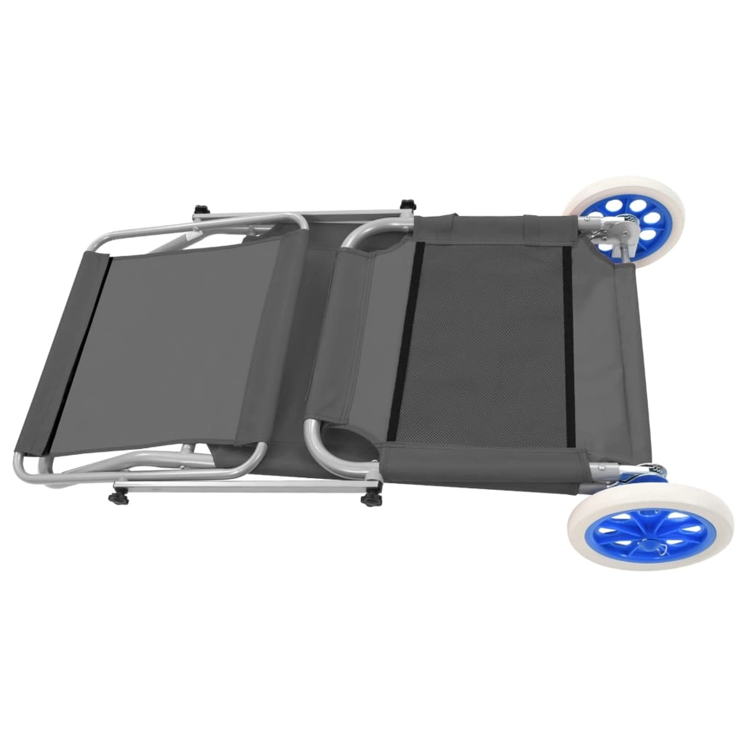 Zusammengeklappte graue vidaXL Klappliege mit Rädern und Stahlgestell. Ideal als Sonnenliege.