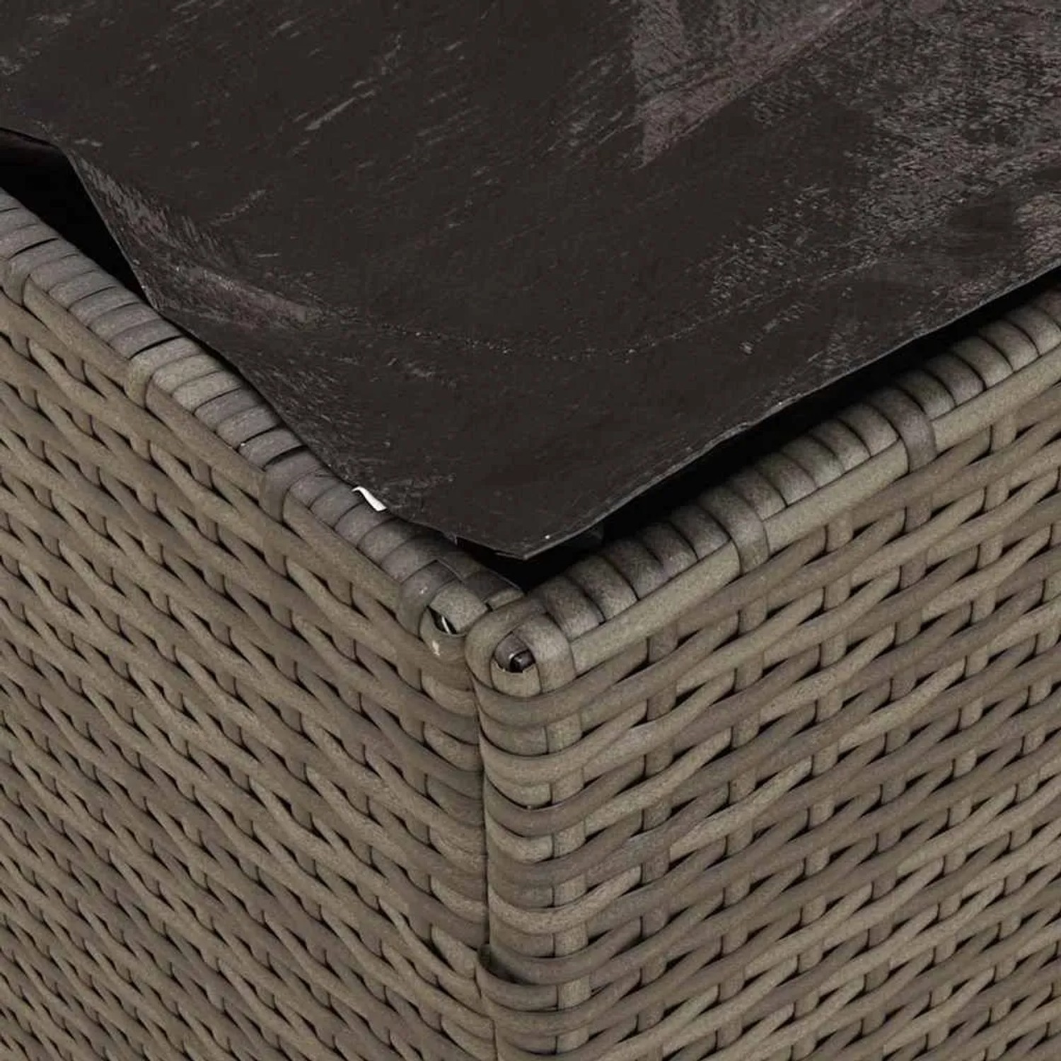 Detailaufnahme: Graue vidaXL Kissenbox aus Poly-Rattan, 50x50x50 cm, für Aufbewahrung im Garten.