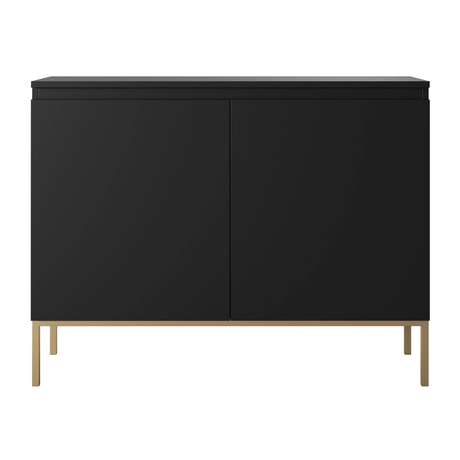 Schwarzes Selsey Sideboard Bemmi mit grifflosen Türen und goldenen Metallbeinen. Modernes Design für Stauraum.
