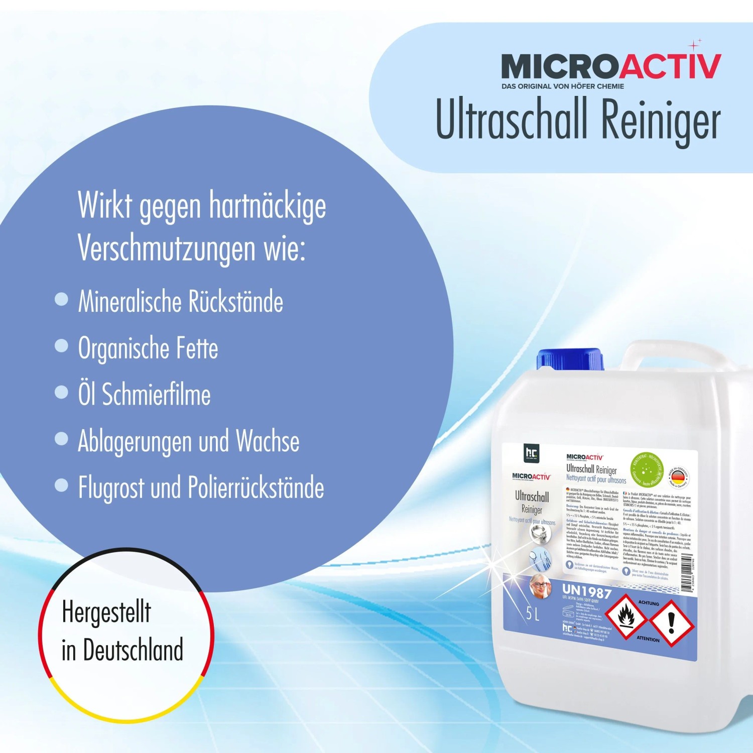 Microactiv Ultraschallreiniger 1l für Ultraschallbad, entfernt Verschmutzungen wie Fette, Öle und Ablagerungen.