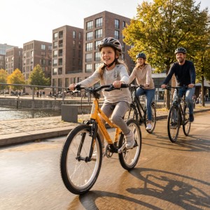 Kind fährt auf einem orangefarbenen PROMETHEUS Kinderfahrrad 20 Zoll mit Familie im Hintergrund.
