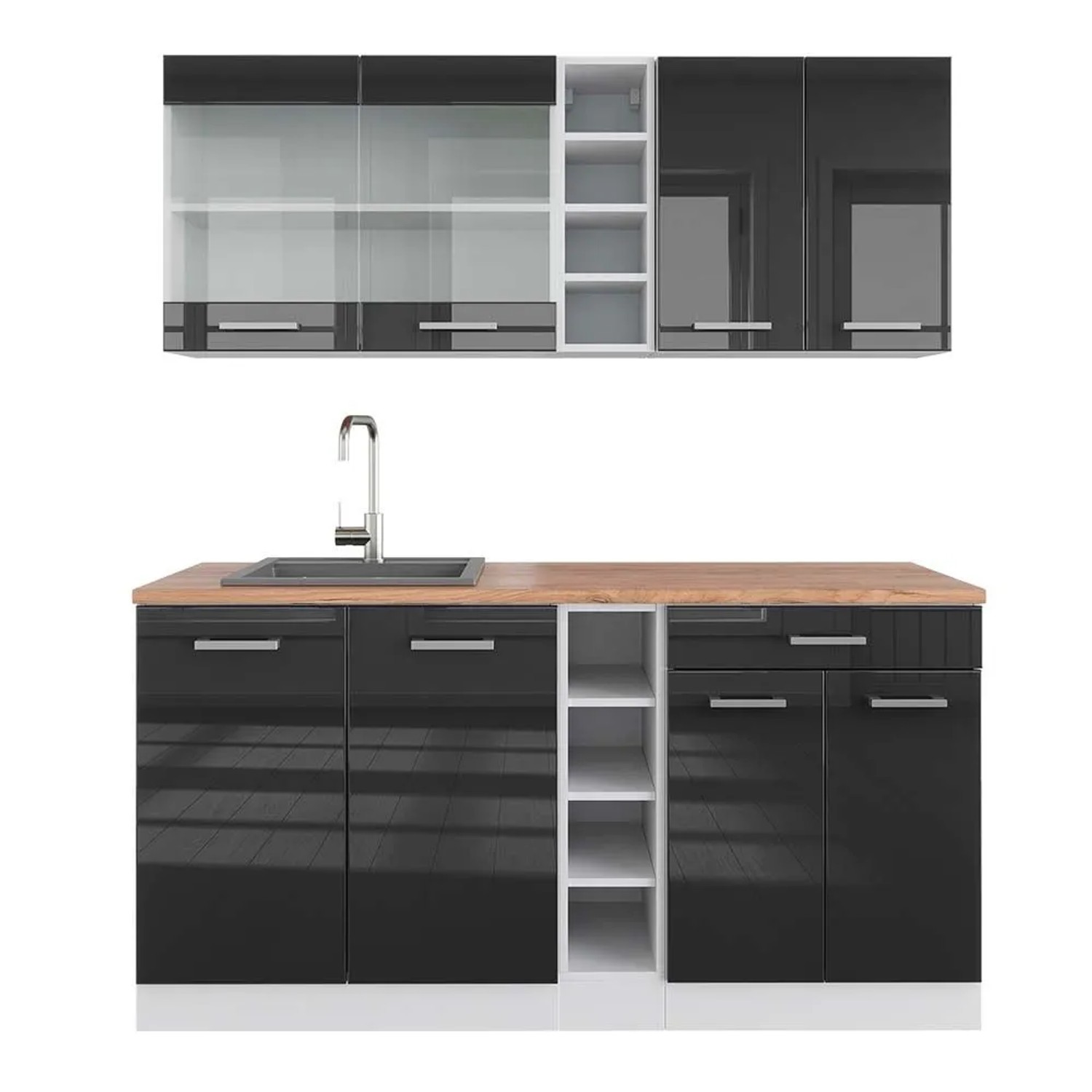 Vicco R-Line Singleküche Anthrazit Hochglanz Weiß 160 cm AP Eiche ohne E-Geräte