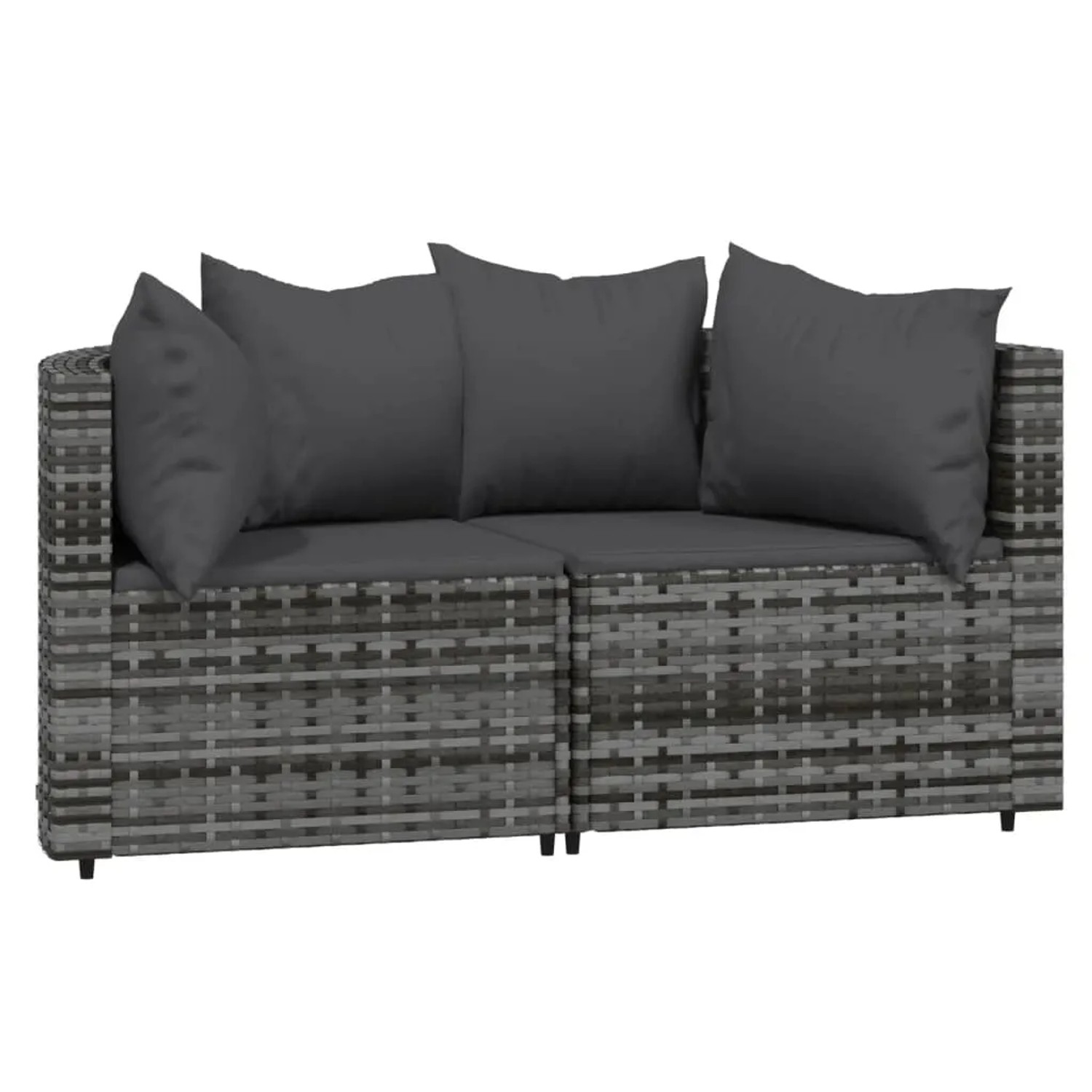 Graues 3-tlg. vidaXL Garten-Lounge-Set aus Polyrattan mit anthrazitfarbenen Kissen.