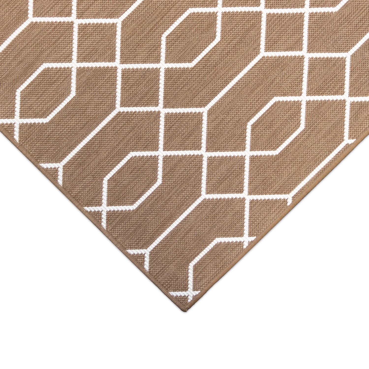 Brauner Primaflor In- & Outdoorteppich mit weißem Geo-Muster, 160x220cm.