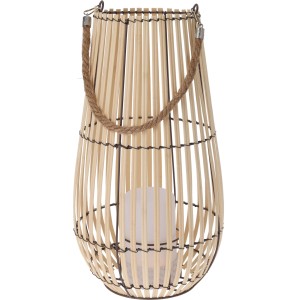 Naturfarbene LED-Laterne aus Bambus mit Seilgriff, 43,5 cm hoch. Dekorative Gartenlaterne für gemütliche Abende.