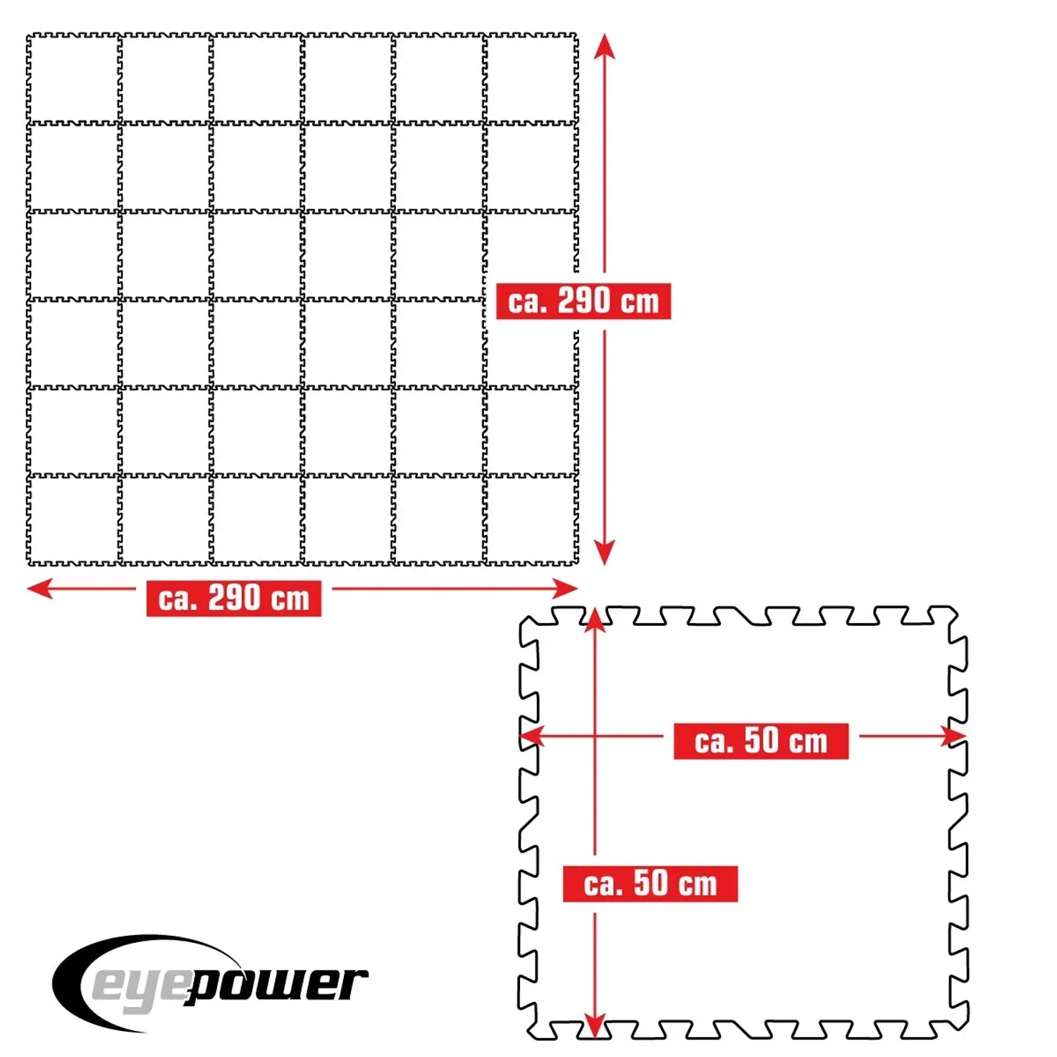 Blaues eyepower Poolunterlage 50x50cm 36er Set, Puzzlematte für Poolfolie, Maße dargestellt.