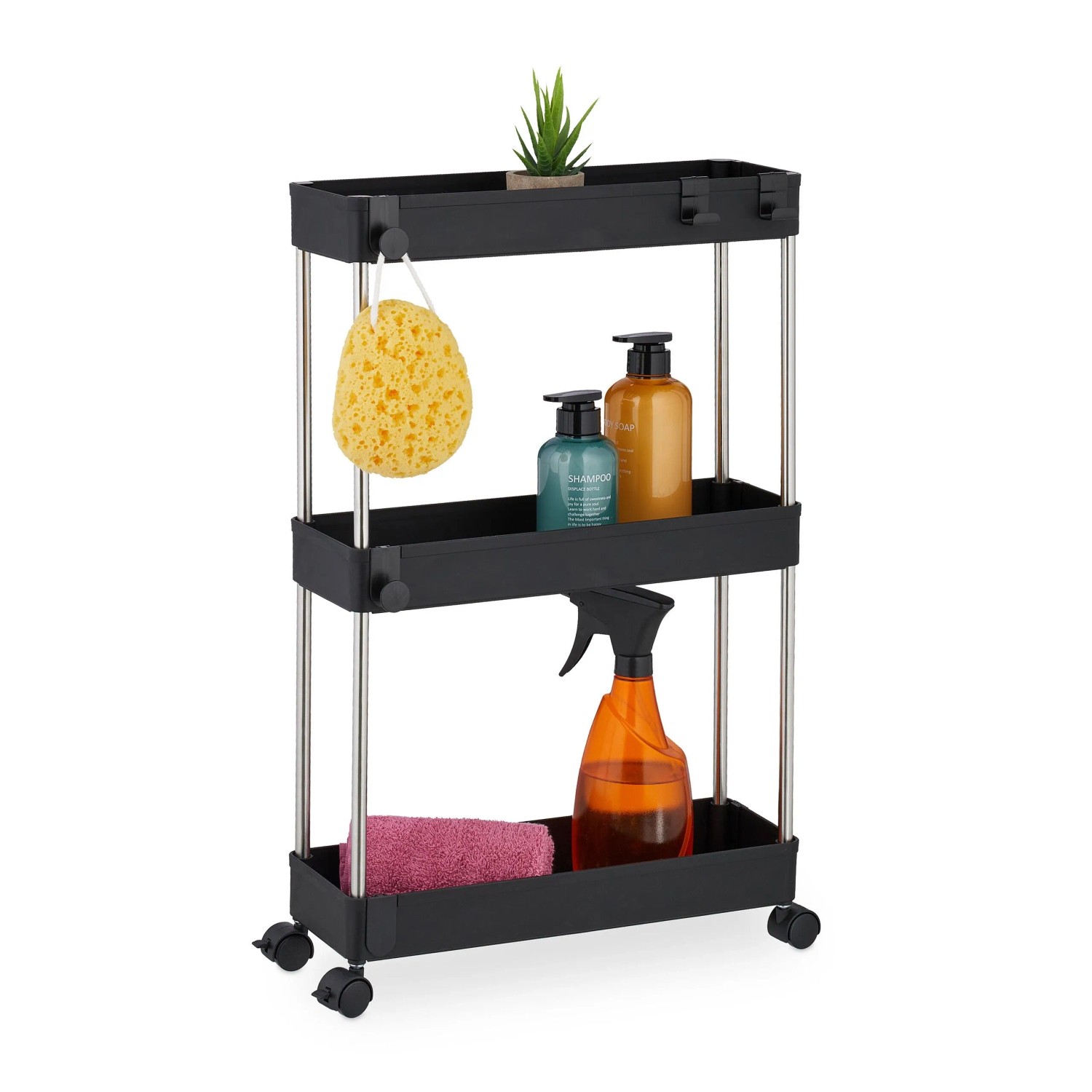 Relaxdays Nischenwagen Edelstahl Schwarz 3 Ebenen 62 cm x 41,5 cm x 14,5 cm 0,9 kg