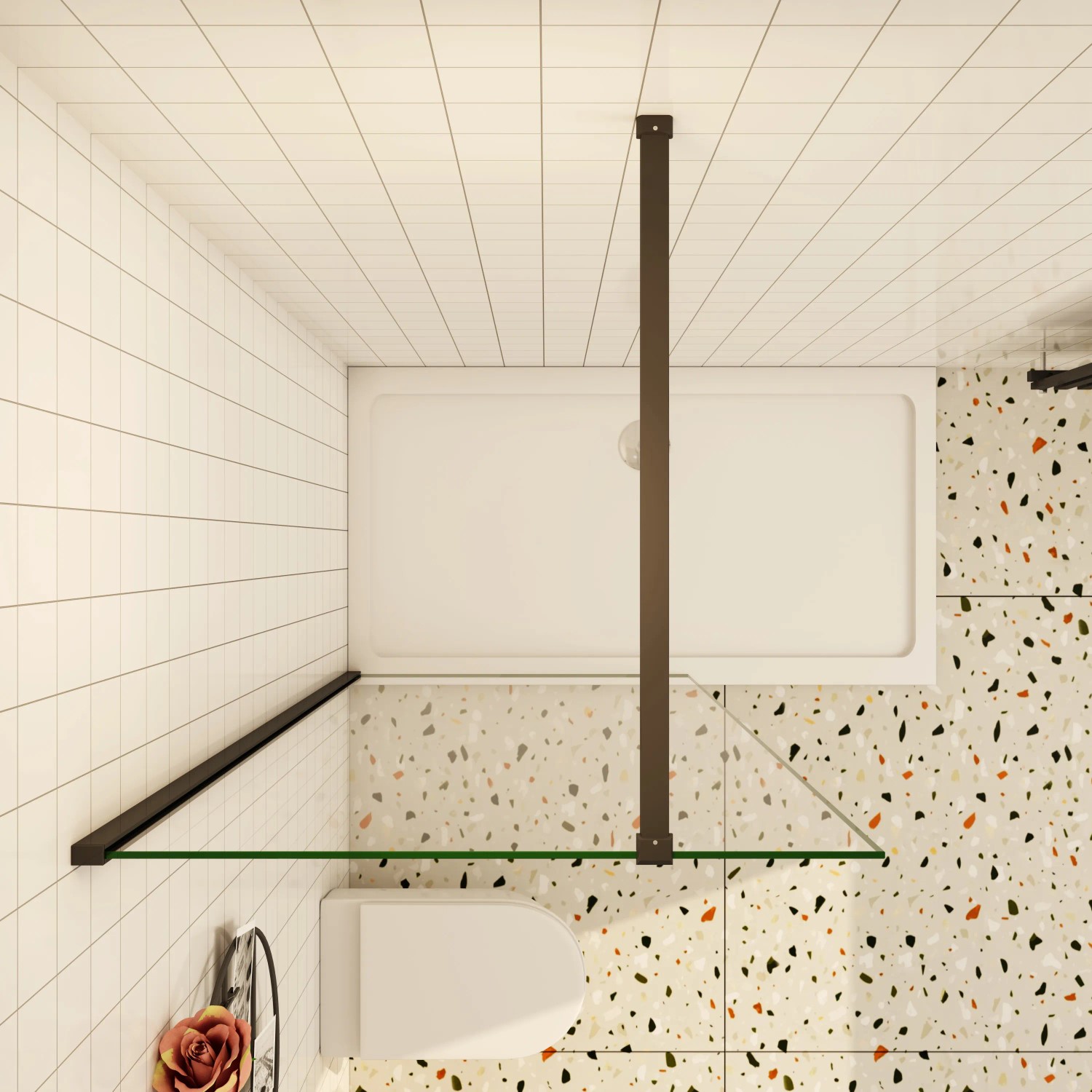 AICA Walk In Duschwand, 160cm, mit schwarzem Rahmen und 8mm NANO Glas.