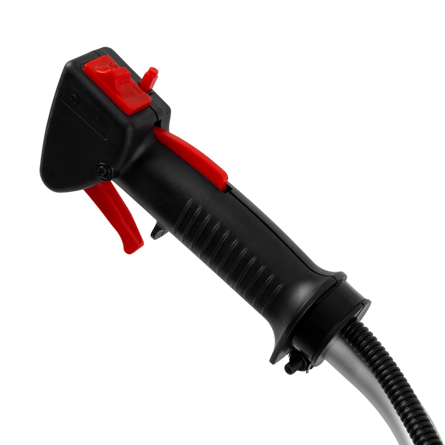 Detailaufnahme: Schwarzer Griff mit roten Bedienelementen der EBERTH Motorsense.