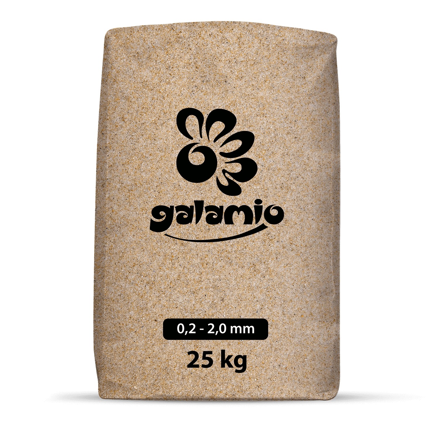 Sack Galamio Quarzsand (0,2-2,0 mm, 25 kg) auf Palette, geeignet als Schüttgut.