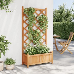 Brauner Pflanzkübel mit Spalier aus Tannenholz für Kletterpflanzen im Garten oder auf der Terrasse.