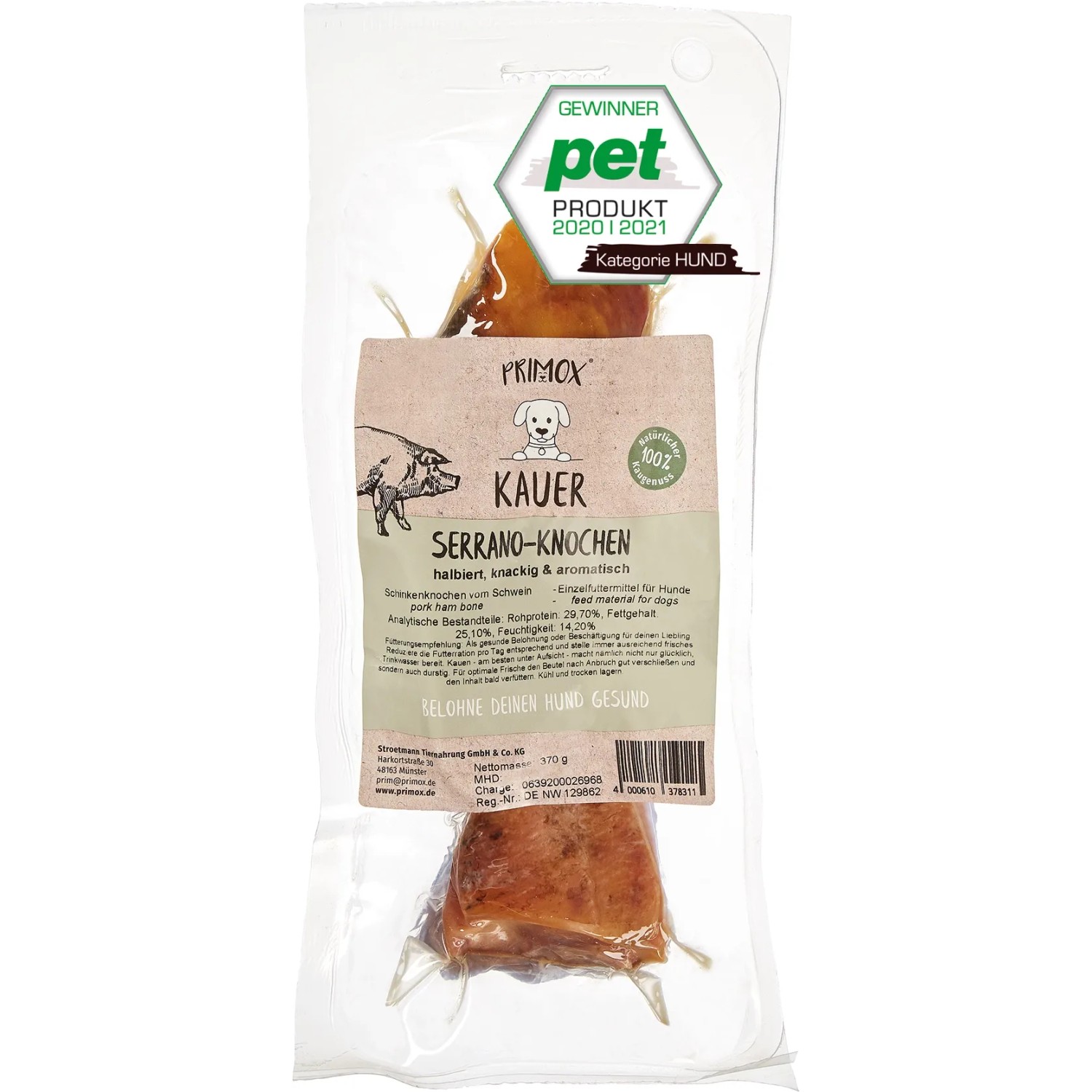 Primox Hunde-Snack Serrano Knochen, halbiert, im transparenten Beutel. Getrockneter Natursnack für Hunde.