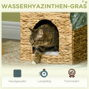 Katze in PawHut Rattan Katzenhaus mit Kissen, 2 Ebenen, Katzenkorb.