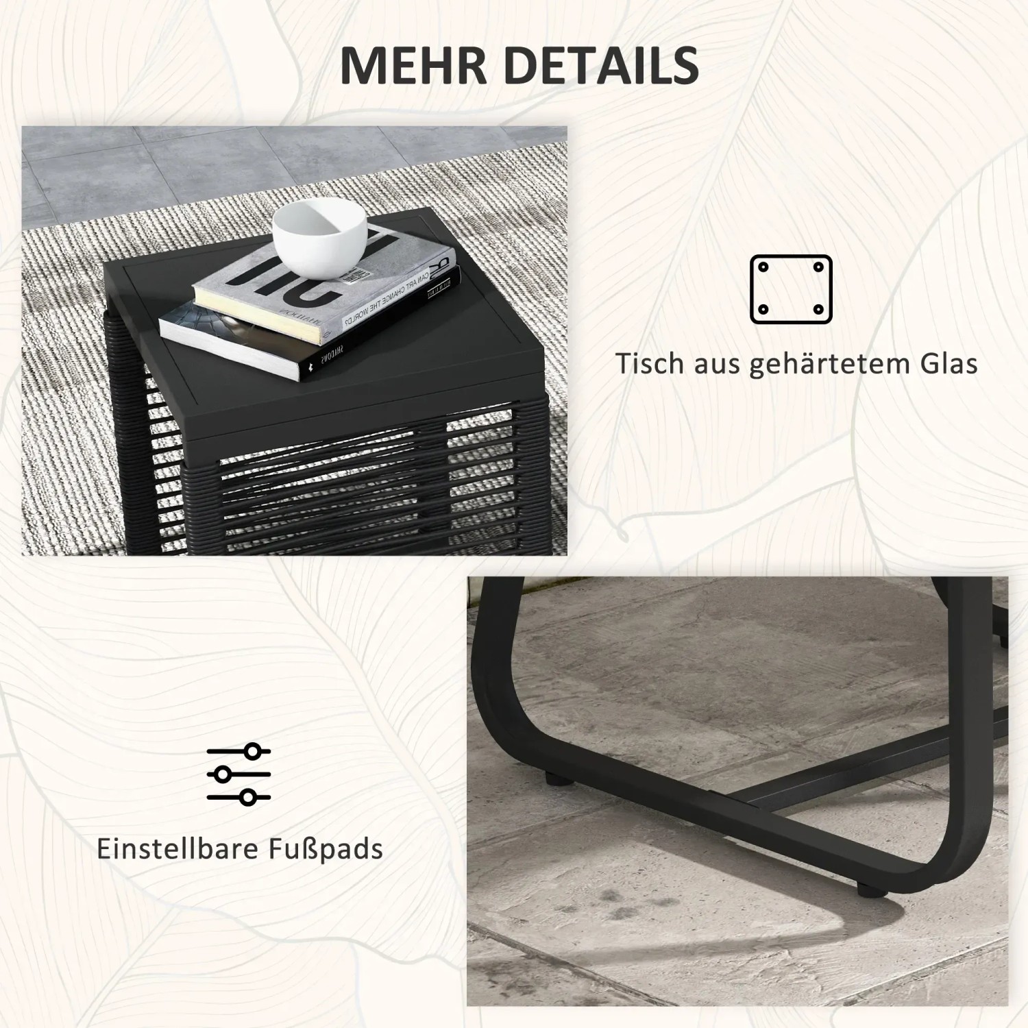 Detailansicht des schwarzen Rattan Gartenmöbel-Sets: Tischplatte aus Glas, verstellbare Füße.