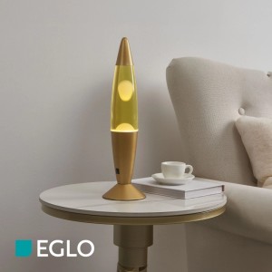 Eglo LED-Lavatischleuchte Gold mit gelb-orangem Wachs auf weißem Beistelltisch. Dekorative LED-Tischlampe.