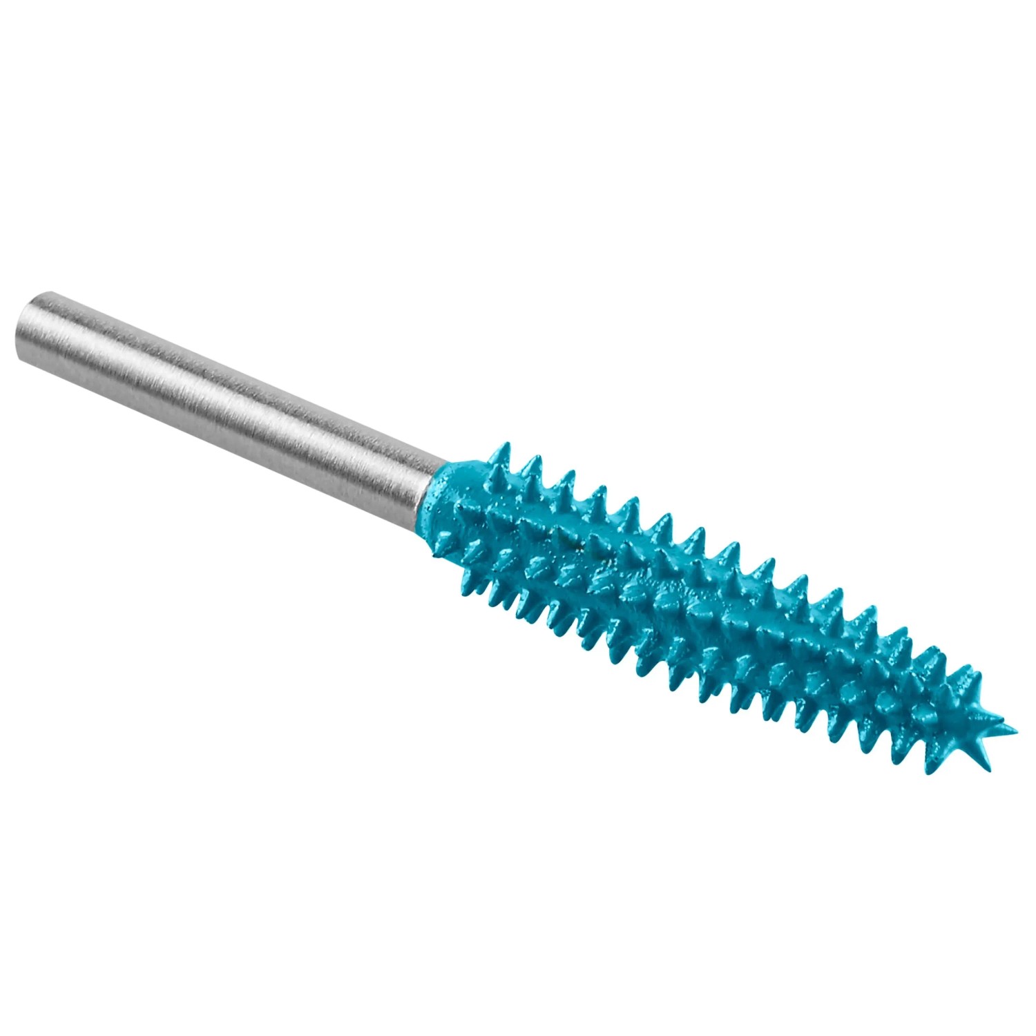 Blauer kegelförmiger Dremel Raspelfräser mit spitzer Spitze und gezackter Oberfläche, silberner Schaft.
