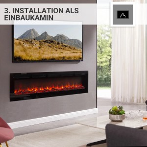 Schwarzer BALDERIA Elektrokamin LE-70 als Einbaukamin mit 3D-Flammeneffekt unter TV.