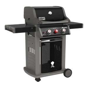 Weber Spirit E-220S Classic Gasgrill mit 2 Brennern und Sear Zone. Grillwagen in Schwarz/Grau mit Ablagetischen.