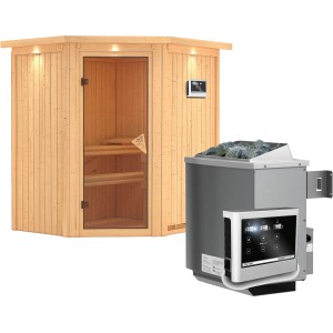 Karibu Sauna Tjorven mit Ofen und Holz-Glastür. Massivholzsauna mit Eck-Einstieg und energiesparender Tür.