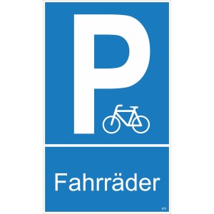 Blaues Parken Fahrräder Schild, 25x15 cm, mit weißem "P" und Fahrradsymbol.