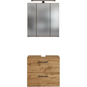 Held Möbel Badmöbel-Set Florenz, 2-teilig, Wotaneiche: Unterbeckenschrank und Spiegelschrank mit LED-Leuchte.