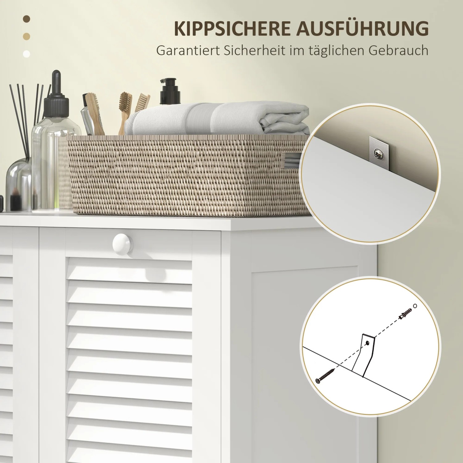 Detailansicht: HOMCOM Wäscheschrank mit Kippschutz, weißes MDF, Lamellentüren für Bad.