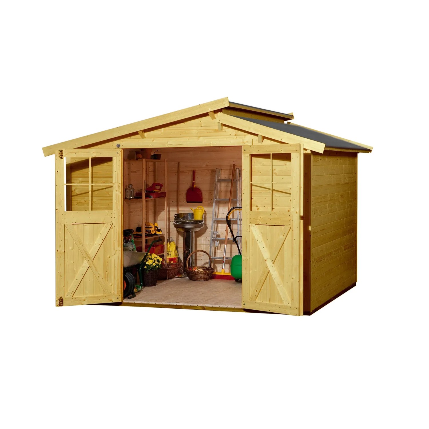 Weka Holz-Gartenhaus mit Pultdach, lasiert, 217 cm breit, mit geöffneten Doppeltüren und Gartengeräten im Inneren.