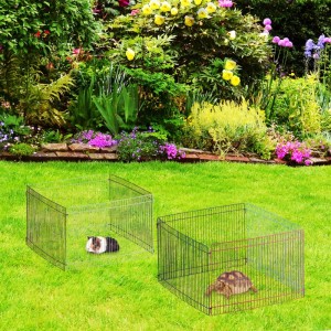 Modulares Freilaufgehege aus Stahl mit Gitterelementen für Kleintiere, mit Meerschweinchen und Schildkröte im Garten.