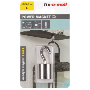 Fix-o-moll Magnethaken Neodym, 52mm, silber. Starker Haken zum Aufhängen von Haushaltshelfern.